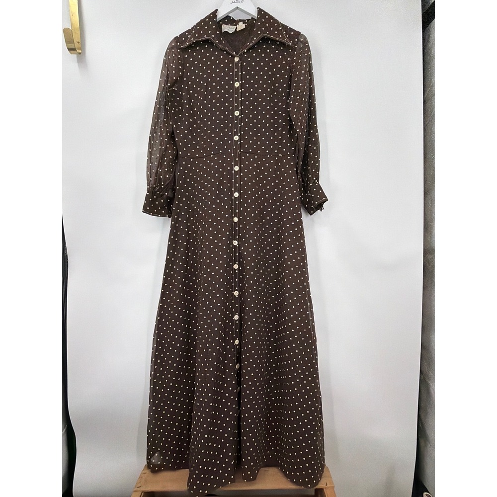Vintage Avalon Classics Brown Polka Dot Maxi Dress Sheer Sleeve Button Front 70s